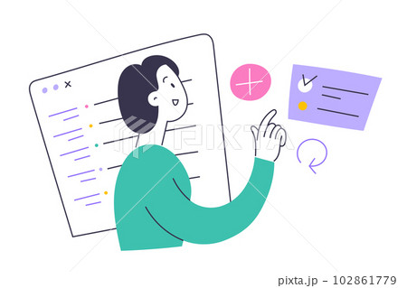 Woman uses a personal organizer application to schedule her day, female character marks to-do list checkbox as done, flat vector illustration 102861779