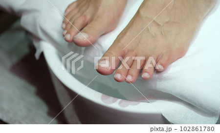 Female feet with polished nails on pedicure closeup Female feet with polished nails on pedicure closeup 102861780