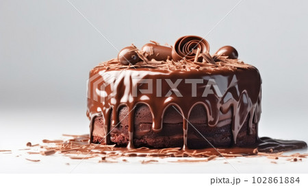 Chocolate cupcake cake decorated with chocolate icing and chocolate chips, white background. Festive sweet chocolate dessert 102861884