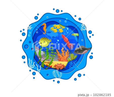 Cartoon sea paper cut landscape with underwater animals, corals and seaweeds. Vector ocean fish and plants of coral reef, blue water waves with cute crab, squid, seahorse, stingray, puffer, starfish 102862185