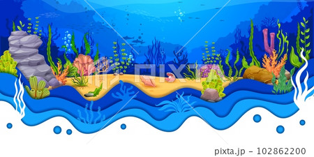 Cartoon sea underwater paper cut landscape with seaweeds, seashells, corals and reefs. Vector ocean bottom, blue water waves, marine animals, bubbles, fish and dolphins with 3d layered papercut border 102862200