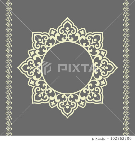 Decorative frame Elegant vector element for design in Eastern style, place for text. Floral beige and gray border. Lace illustration for invitations and greeting cards Decorative frame Elegant vector element for design in Eastern style, place for text. Floral beige and gray border. Lace illustration for invitations and greeting cards 102862206