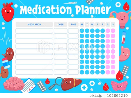 Weekly medication planner. Happy human body characters. Medical prescription week schedule, medicines dosage vector daily planner with heart, uterus, kidneya and brain, liver, stomach funny personages 102862210