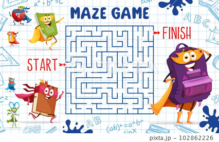 Kids labyrinth maze cartoon stationery superhero characters. Vector board game worksheet with notebook, textbook, rucksack and apple. Sharpener, eraser and scissors educational boardgame personages Kids labyrinth maze cartoon stationery superhero characters. Vector board game worksheet with notebook, textbook, rucksack and apple. Sharpener, eraser and scissors educational boardgame personages 102862226