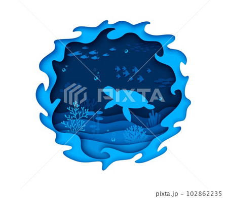 Sea paper cut underwater landscape with turtle and fish shoal silhouettes. 3d vector round wavy frame with serene undersea scene of coral reef and sea plants, reptile and school of fishes in depth 102862235
