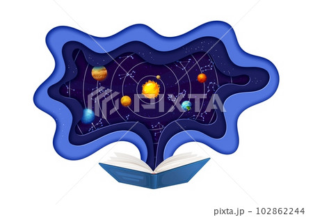 Book or textbook with space paper cut starry galaxy. Astronomy science, space travel or research paper cut vector wallpaper. Galaxy discovery concept with Solar system planets and constellations 102862244