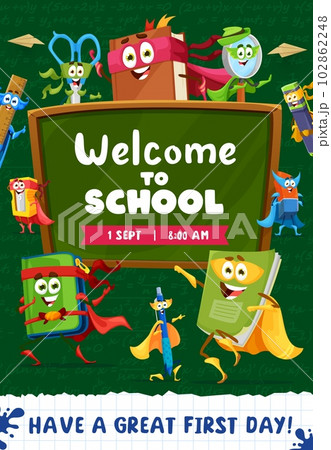 Back to school flyer, cartoon superhero stationery characters, vector education poster. Welcome back to school, student funny books, textbooks and stationery supplies on chalkboard background Back to school flyer, cartoon superhero stationery characters, vector education poster. Welcome back to school, student funny books, textbooks and stationery supplies on chalkboard background 102862248