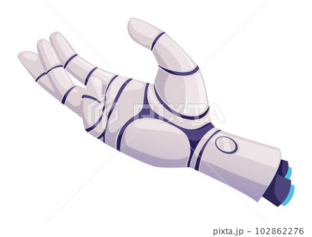 Human hand, futuristic robot arm with metal fingers. Vector innovation artificial technology cyborg droid robotic mechanical prosthesis Human hand, futuristic robot arm with metal fingers. Vector innovation artificial technology cyborg droid robotic mechanical prosthesis 102862276