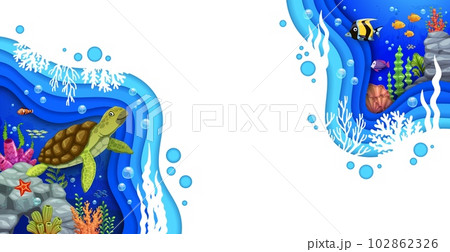 Cartoon underwater paper cut landscape with sea turtle and tropical fish. 3d vector picturesque background with intricate papercut design features a lively marine colorful ecosystem and reef life 102862326