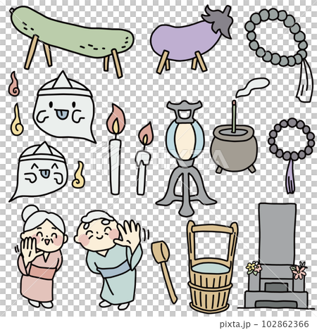 お盆をイメージしたカラーイラストセット 102862366
