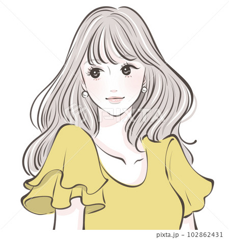 女性,女の子,女の人,人物,ロングヘア,ウエーブヘア,美人,フリルブラウス,かわいい,若い女性, 102862431