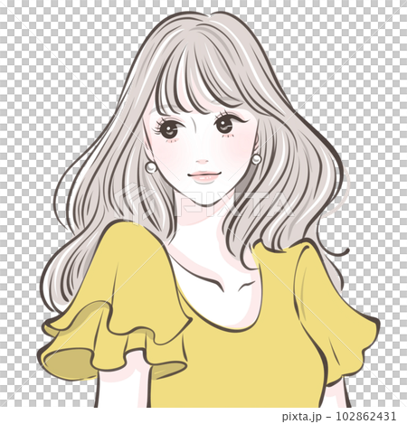 女性,女の子,女の人,人物,ロングヘア,ウエーブヘア,美人,フリルブラウス,かわいい,若い女性, 102862431