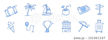 Summer travel vacation drawn icon set. Hand drawn sketch doodle style summer trip, vacation icon. Camera, travel bag, palm doodle element. Funny tourism vector 102863197