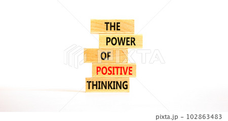 Positive thinking symbol. Concept words The power of positive thinking on wooden block. Beautiful white table white background. Business, motivational positive thinking concept. Copy space. 102863483
