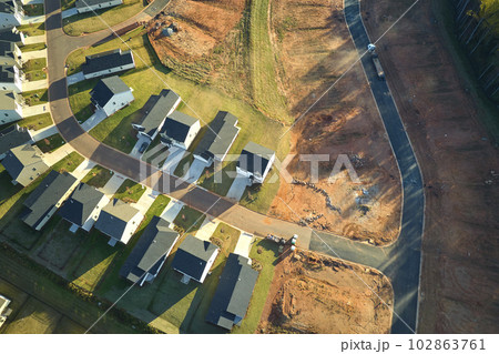 Ground prepared for building of new residential houses in South Carolina suburban development area. Concept of growing american suburbs 102863761