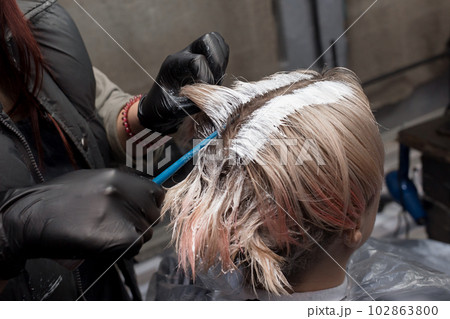 Hands in the gloves of a professional barber of a girl with a brush straighten the hair and paint the roots of the client, close-up 102863800