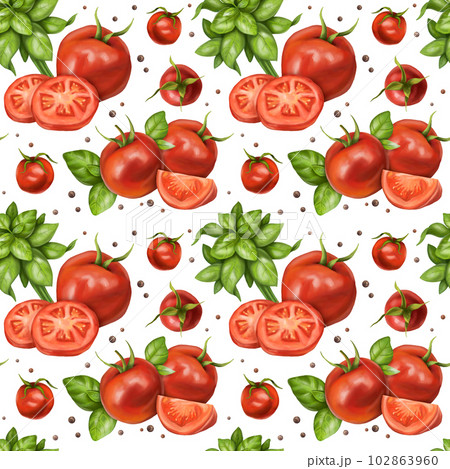 Seamless pattern with compositions of red tomatoes, cherry, peppercorns, bunches and basil leaves. Floral background for textiles, fabrics, wrapping paper and other designs. On a white background 102863960