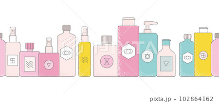Bright color cartoon cosmetic bottles, jars. Eco face cream tubes, cleanser, soap for bath, oil scrub, lotion facial gel vector illustrations. Bright color cartoon cosmetic bottles, jars. Eco face cream tubes, cleanser, soap for bath, oil scrub, lotion facial gel vector illustrations. 102864162