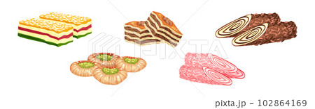 Turkish Delight or Arabic Sweet and Sugary Dessert Vector Set Turkish Delight or Arabic Sweet and Sugary Dessert Vector Set 102864169
