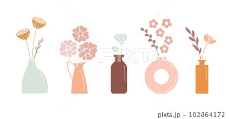 Boho abstract vintage flowers in vases. Simple minimalist floral bouquet for print, poster, card, wall decor. Boho abstract vintage flowers in vases. Simple minimalist floral bouquet for print, poster, card, wall decor. 102864172