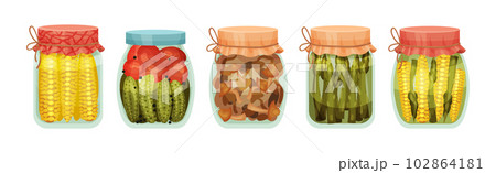 Closed with Lid Glass Jar with Preserved Food Vector Set Closed with Lid Glass Jar with Preserved Food Vector Set 102864181