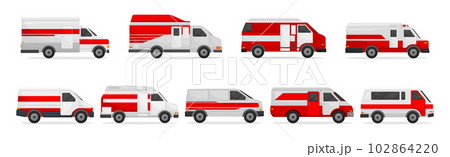 Ambulance Car with Red and White Colors as Medically Equipped Vehicle for Transporting Patients Vector Set 102864220