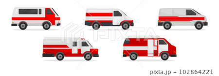 Ambulance Car with Red and White Colors as Medically Equipped Vehicle for Transporting Patients Vector Set 102864221