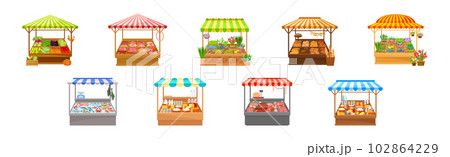 Street Market Stall and Stand with Awning and Various Products Vector Set 102864229