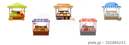 Street Market Stall and Stand with Awning and Various Products Vector Set Street Market Stall and Stand with Awning and Various Products Vector Set 102864231