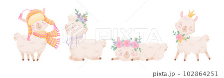 Cute Llama or Alpaca Fluffy Character with Pretty Snout Vector Set 102864251
