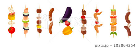 Shashlik with Wooden Skewers or Sticks with Barbecue Food Vector Set Shashlik with Wooden Skewers or Sticks with Barbecue Food Vector Set 102864254