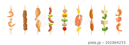 Shashlik with Wooden Skewers or Sticks with Barbecue Food Vector Set Shashlik with Wooden Skewers or Sticks with Barbecue Food Vector Set 102864255