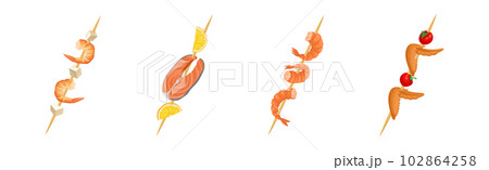 Shashlik with Wooden Skewers or Sticks with Barbecue Food Vector Set Shashlik with Wooden Skewers or Sticks with Barbecue Food Vector Set 102864258