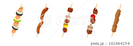 Shashlik with Wooden Skewers or Sticks with Barbecue Food Vector Set Shashlik with Wooden Skewers or Sticks with Barbecue Food Vector Set 102864259