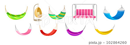 Garden Hammock, Swing and Bench as Comfortable Furniture for Rest Vector Set Garden Hammock, Swing and Bench as Comfortable Furniture for Rest Vector Set 102864260