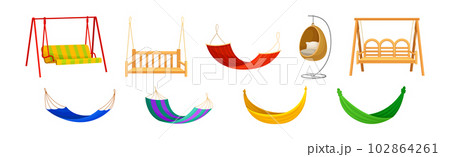 Garden Hammock, Swing and Bench as Comfortable Furniture for Rest Vector Set 102864261