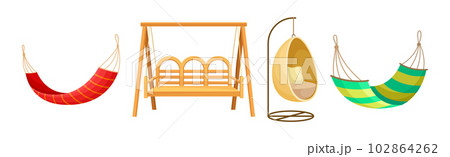 Garden Hammock, Swing and Bench as Comfortable Furniture for Rest Vector Set Garden Hammock, Swing and Bench as Comfortable Furniture for Rest Vector Set 102864262