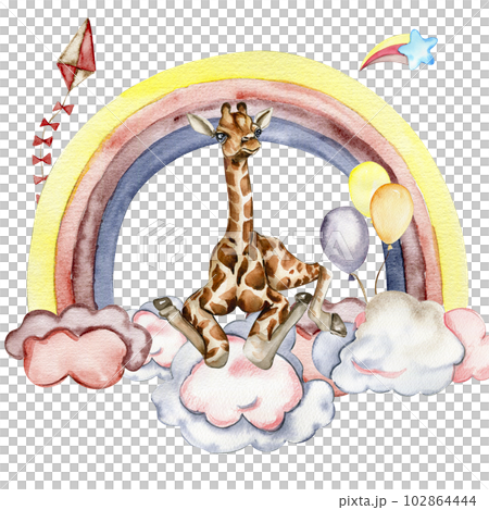 Watercolor hand painted cute rainbow.and giraffe Illustration isolated on white background. Design for baby shower party, birthday, cake, holiday design, greetings card, invitation. Watercolor hand painted cute rainbow.and giraffe Illustration isolated on white background. Design for baby shower party, birthday, cake, holiday design, greetings card, invitation. 102864444