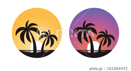 Vector Palm Trees, Palm Tree Icon Set Isolated. Palm Silhouettes on Sunset Background. Design Template for Tropical, Vacation, Beach, Summer Concept. Vector Illustration. Front View 102864455