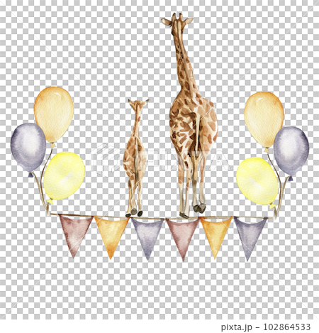 Watercolor hand painted cute giraffe with ballons. Illustration isolated on white background. Design for baby shower party, birthday, cake, holiday design, greetings card, invitation. 102864533