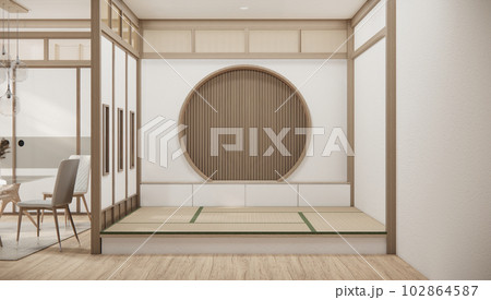 Modern japan style tiny room kitchen and dining table white wall wood floor. 102864587
