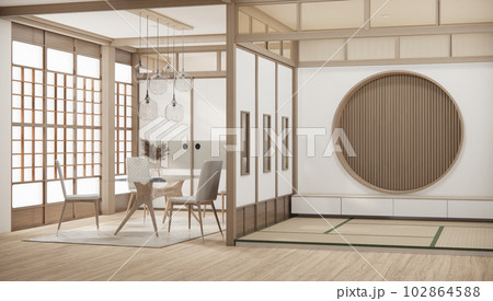 Modern japan style tiny room kitchen and dining table white wall wood floor. 102864588
