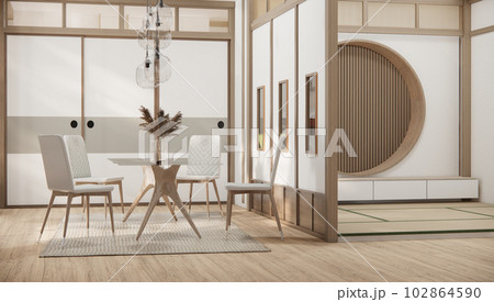 Modern japan style tiny room kitchen and dining table white wall wood floor. 102864590