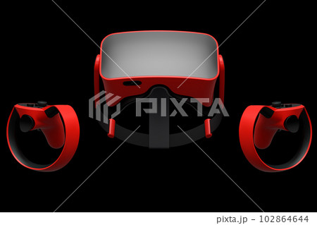 Virtual reality glasses and controllers for online gaming on black background 102864644