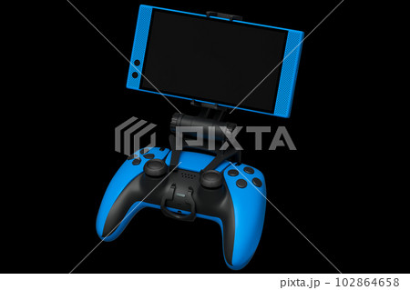 Realistic blue joystick for playing games on a mobile phone on black background 102864658