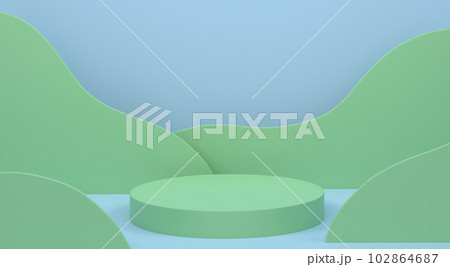 Pastel green cylinder podium with steps on blue background 102864687