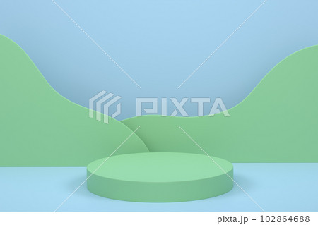 Pastel green cylinder podium with steps on blue background 102864688