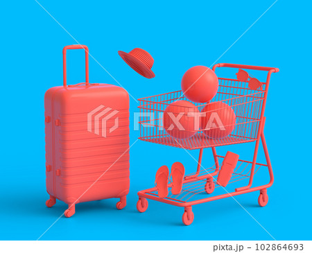Colorful luggage with beach accessories and shopping trolley on monochrome. 102864693