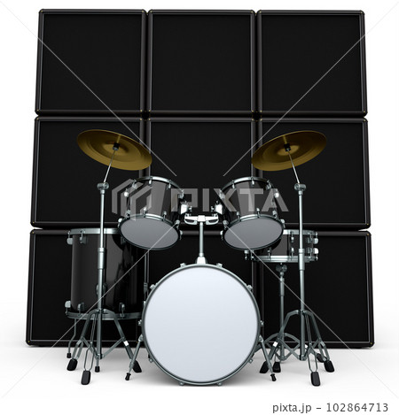 Set of realistic drums with metal cymbals or drumset and amplifier on white 102864713