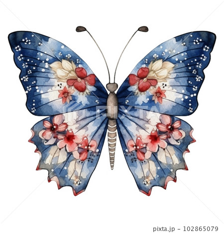 Watercolor Patriotic Butterfly 4th of July Illustration Clipart. Isolated butterfly on white background. Watercolor Patriotic Butterfly 4th of July Illustration Clipart. Isolated butterfly on white background. 102865079